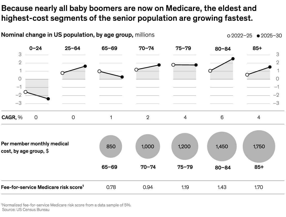A chart titled “Because nearly all baby boomers are now on Medicare, the eldest and highest-cost segments of the senior population are growing fastest.” Click to open the full article on McKinsey.com.