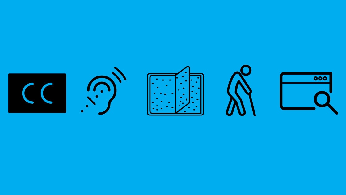 Icons representing closed captioning, assistive listening devices, braille, the use of a cane, and web search