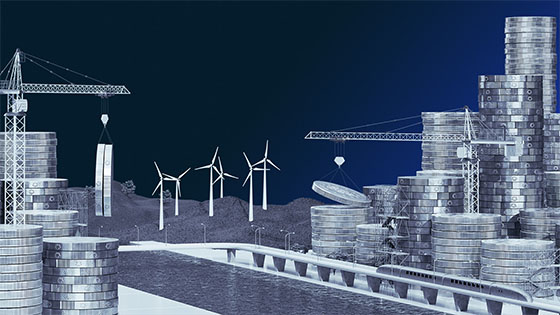 Illustration of oversized stacked coins, construction cranes, and windmills