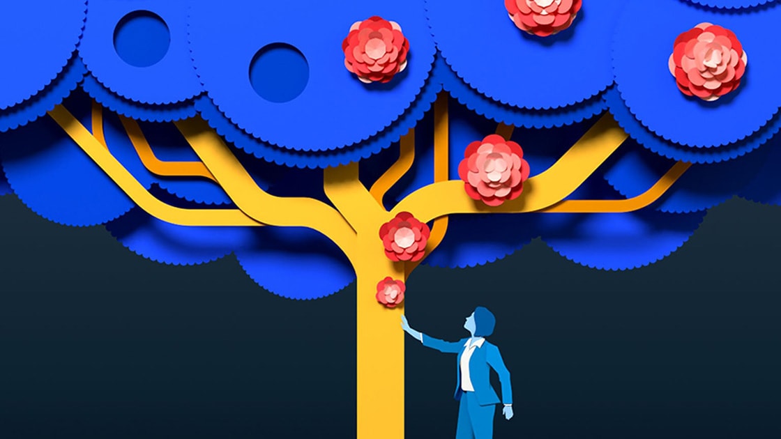 Digital illustration of a person picking flowers from a tree