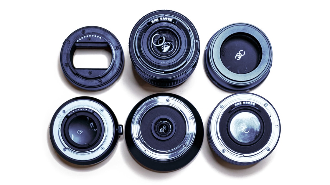 Image of six different camera lenses arranged in a 2x3 grid
