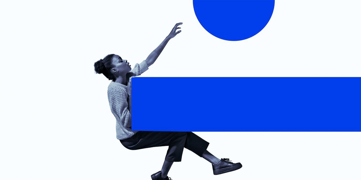 a woman and blue shapes