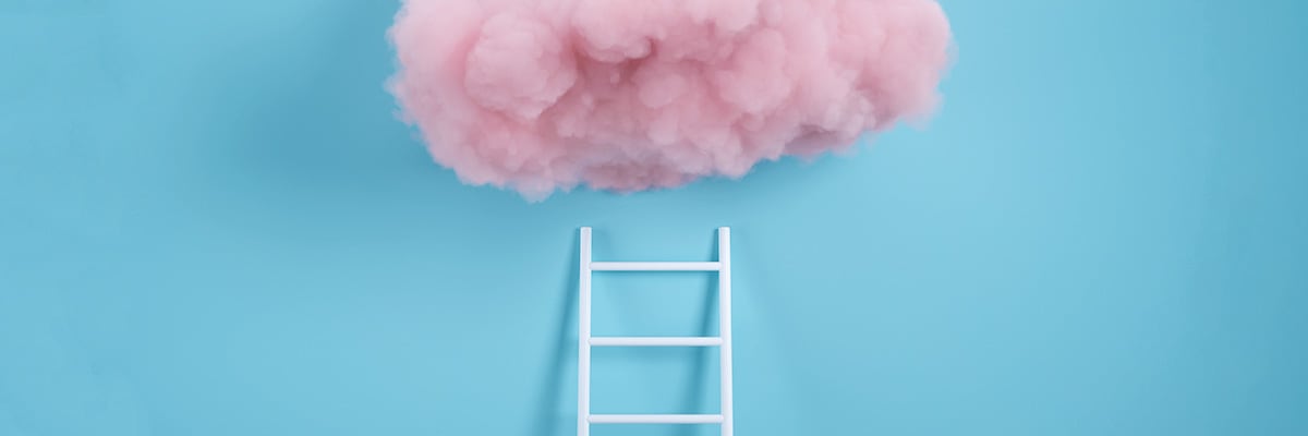 On a blue background a ladder reaches a pink cloud