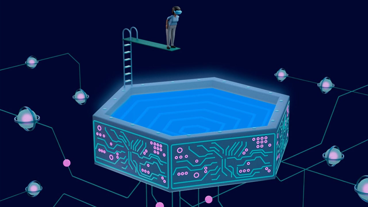 Digital image of a Metaverse avatar about to jump into a digital swimming pool