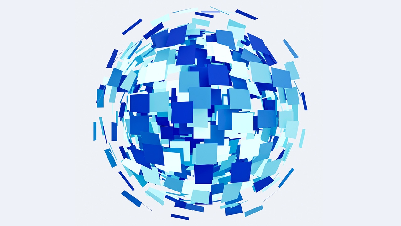 Digital illustration of a sphere constructed with various blue patches