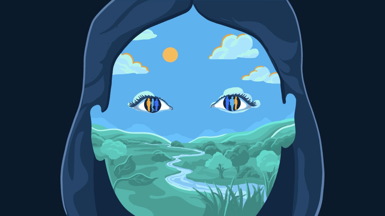 Digital illustration of a face with a pastoral landscape painted on it