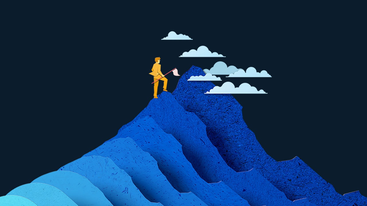 Illustration of a person climbing a large mountainside
