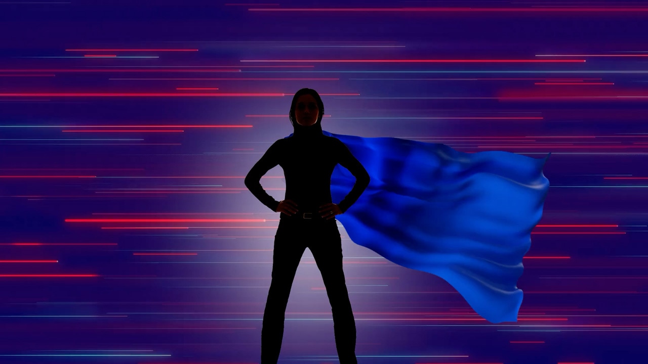 Silhouette of person wearing blue cape with glowing bars of light behind them
