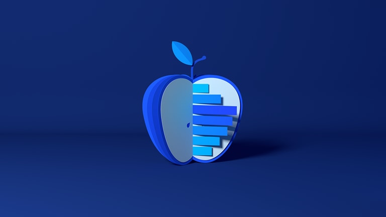 Digital illustration of the interior of an apple with half of its core revealing a bar chart