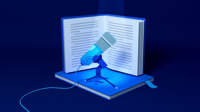 Image of an open book and a microphone