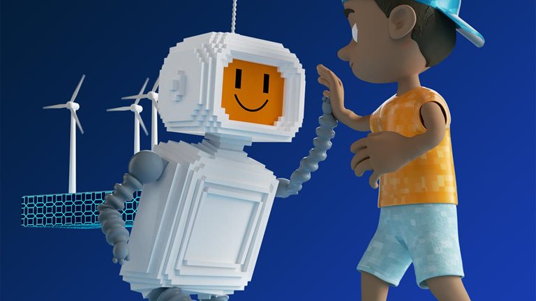 A computer generated graphic of a robot high-fiving a kid