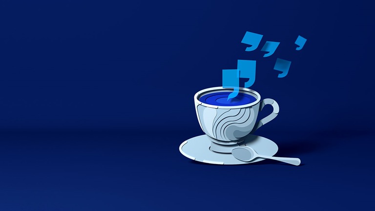 Digital illustration of a coffee cup with quotation marks arising as steam