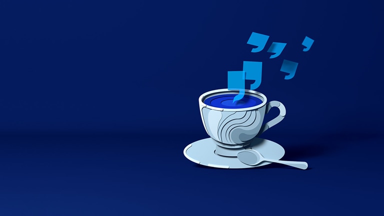 Illustration of coffee cup with apostrophes arising as steam