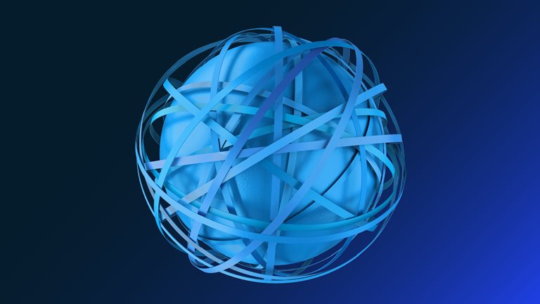 Abstract image of a blue sphere and orbital paths