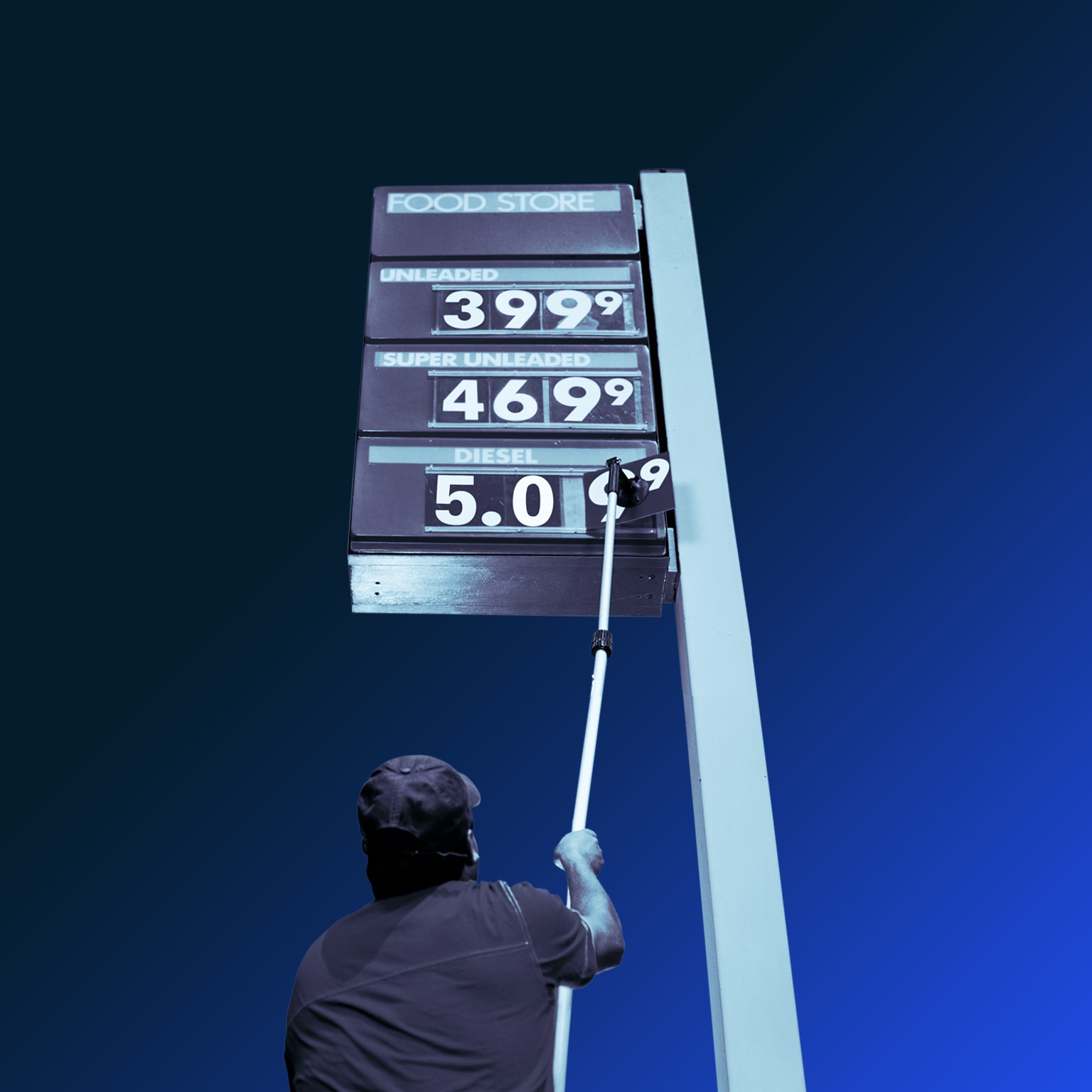 Image of a man putting up price sign at gas station