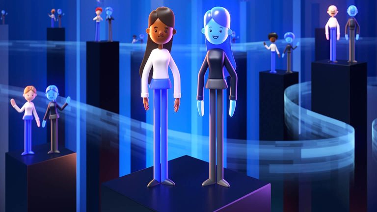 Illustration of two female avatars standing in metaverse