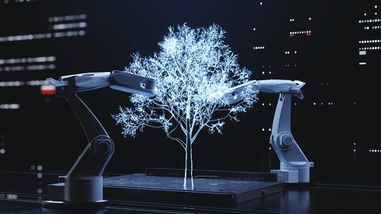 Illustration of a tree being digitally constructed