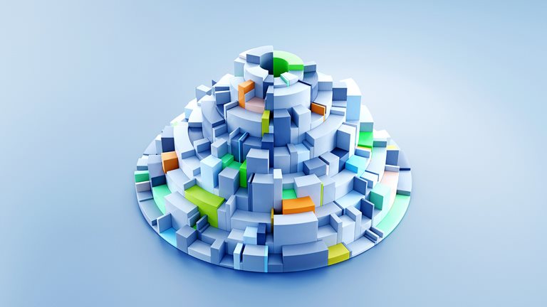 Digital illustration of building blocks of various sizes arranged in a circular pyramid