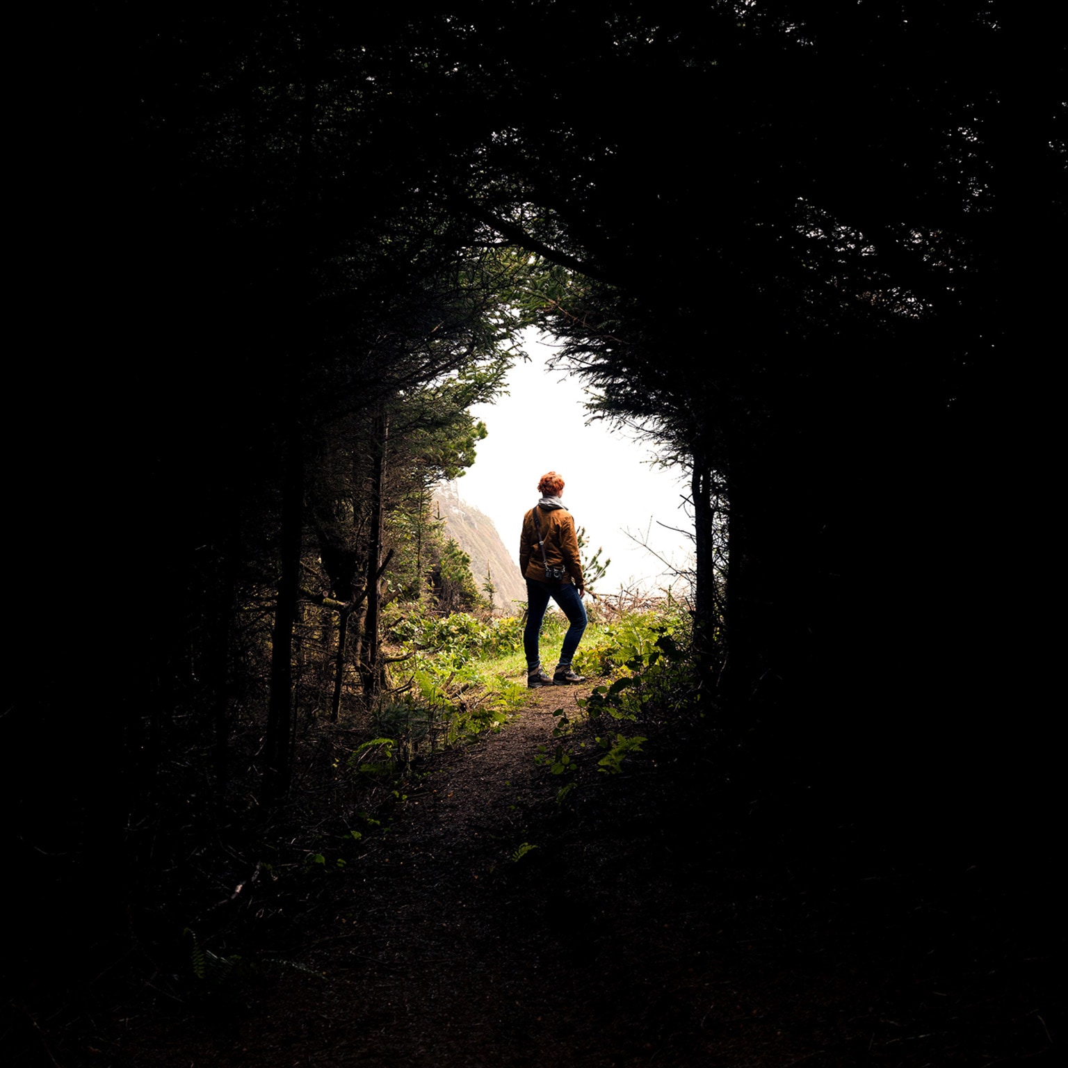 Image of a woman standing at the end of a tunnel of trees