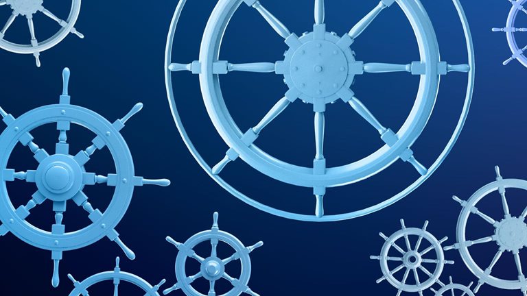 Illustration of multiple blue-toned ship wheels