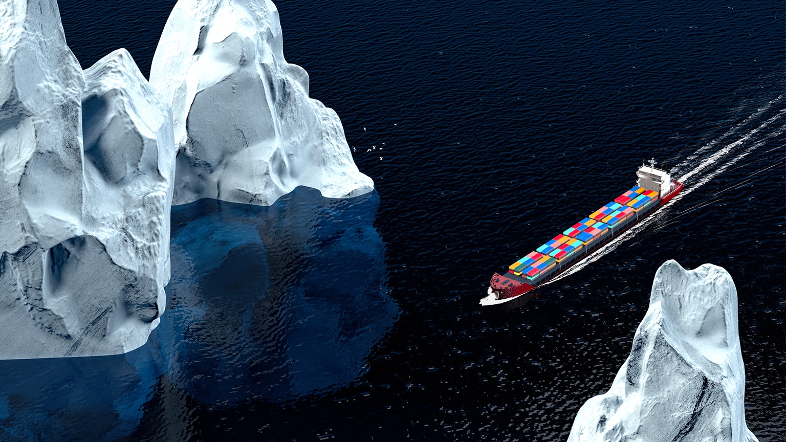 Image of a cargo ship sailing btween icebergs