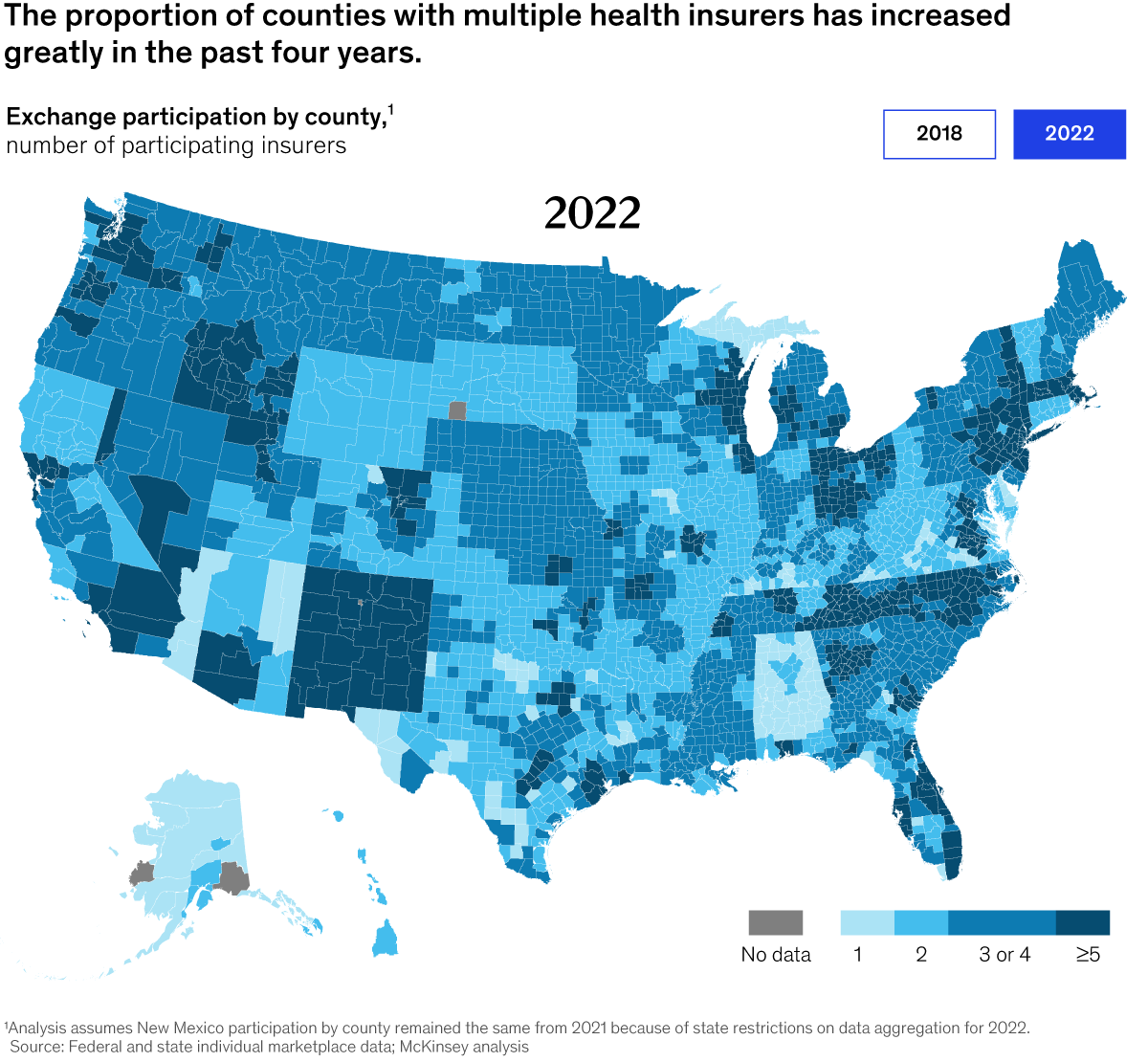 Map of the United States showing the proportion of counties with multiple health insurers