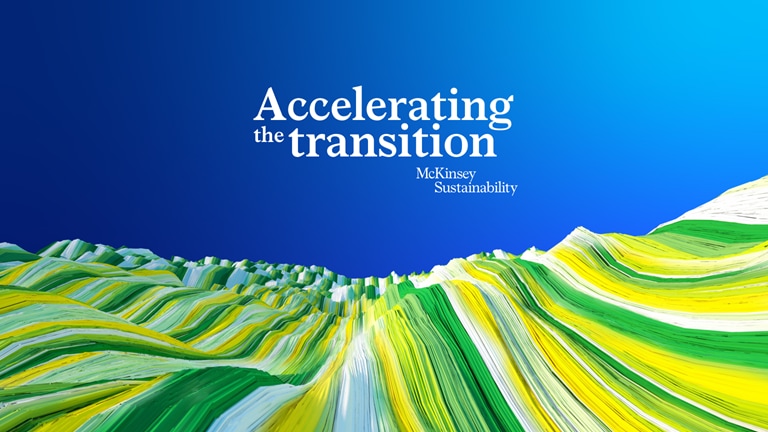 Graphic design of rolling green hills and blue sky, with the words Accelerating the transition superimposed