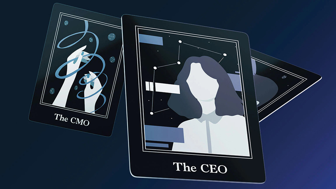 Illustrations of tablets displaying photos of imaginary executives