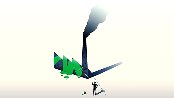 Illustration of a person covering a smokestack emitting pollution in green paint