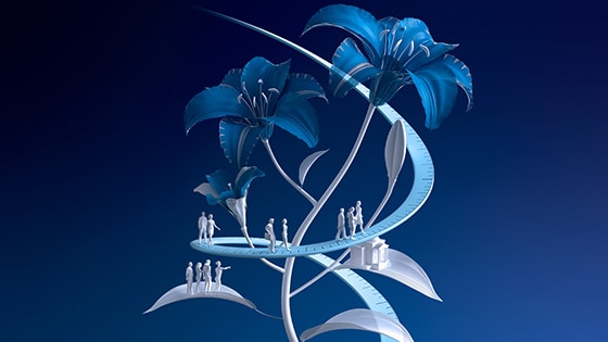 Illustration of people walking up and down a giant flower stalk