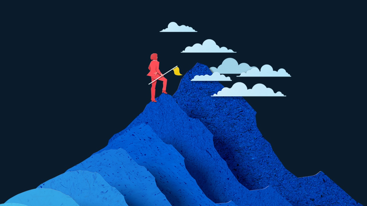Digital illustration of a figure walking up a mountainside