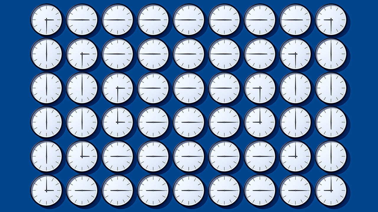 Image of many clocks in six rows