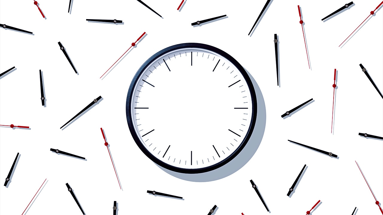 Illustration of a clock surrounded by thermometers