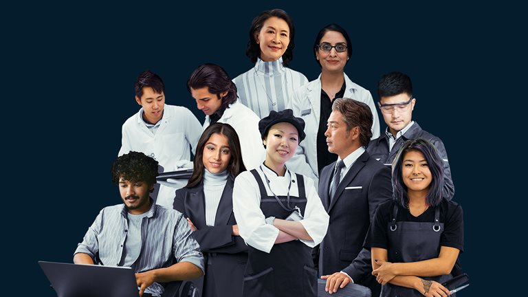 Collage image of various Asian-Americans in the workplace