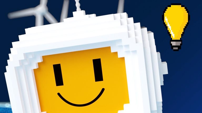 Illustration of a smiling lego man wearing a space helmet
