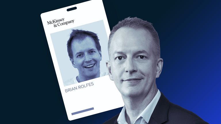 Current photo of McKinsey partner Brian Rolfes, with his original work ID photo behind him