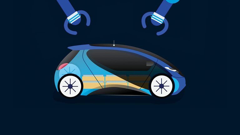 Illustration of two robotic arms reaching towards a smart car