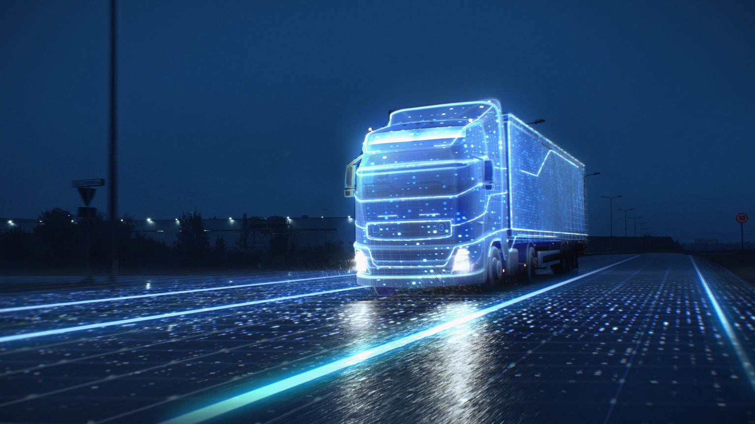 Image of an illuminated outline of a truck on road