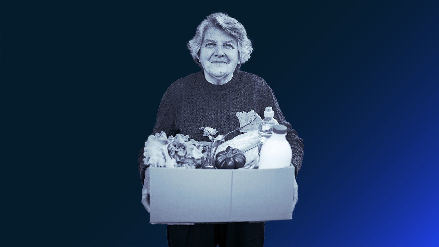 stylized photo of older woman holding box of supplies