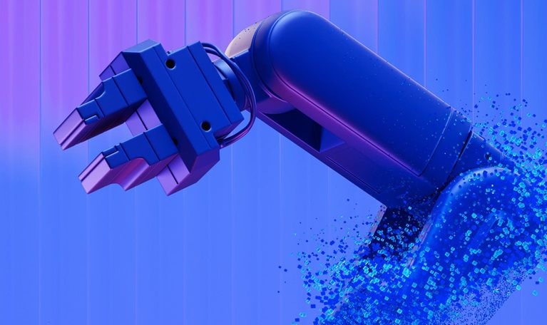 Robotic arm dissolving into particles on blue background.