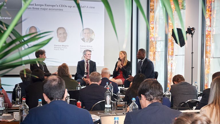 McKinsey panel: From left, Fabian Billing, managing partner, McKinsey Germany and Austria; Clarisse Magnin, managing partner, McKinsey France; Tunde Olanrewaju, managing partner, McKinsey UK, Ireland and Israel