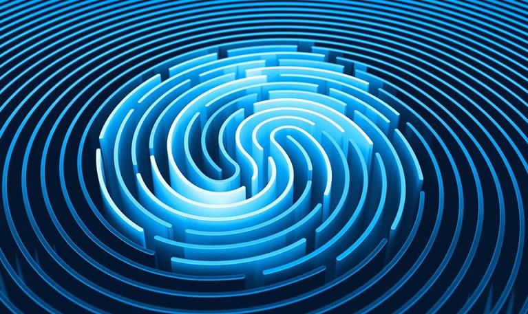 3D rendering of stylized fingerprint of smooth lines of spline gradient waves