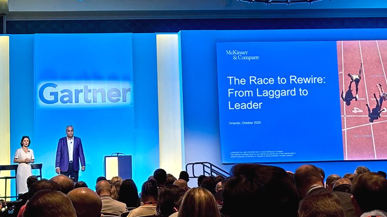 McKinsey Partners Oana Cheta, left, and Rahul Shahani speaking at a Gartner session titled McKinsey: Move past failure mode to unlock real value from technology.