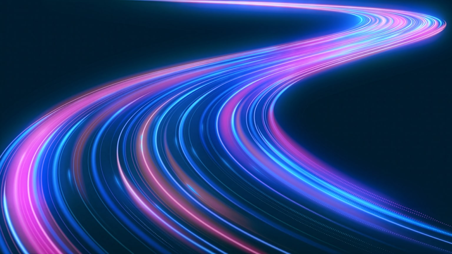 Abstract network of tangled blue, pink, and gold strands connected by white nodes against a pale blue background.
