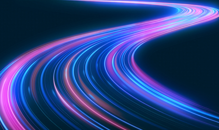Abstract network of tangled blue, pink, and gold strands connected by white nodes against a pale blue background.