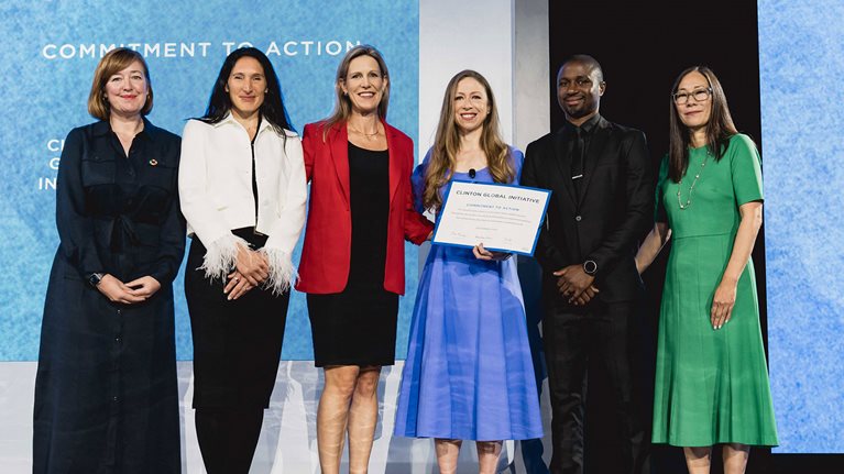 From left: Beck Smith, Associate Director Policy, Wellcome; Jules Chappell, CEO, Kokoro; Erica Coe, Partner & Global Coleader, McKinsey Health Institute; Chelsea Clinton, Vice Chair, Clinton Foundation; Tafadzwa Nyagano, Chief Finance Officer, African Venture Philanthropy Alliance; Kana Enomoto, Partner & Director of Brain Health, McKinsey Health Institute