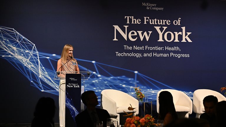 Ida Kristensen, McKinsey senior partner and managing partner, northeast region and New York office, welcomes the crowd at the 2026 Future of New York Summit