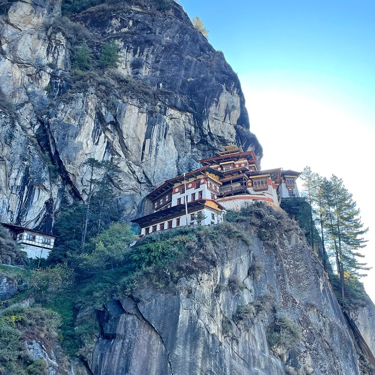 On the hike to Tiger’s Nest monastery, which is perched on a 10,000 foot cliffside, in Paro Valley, Bhutan (2023)