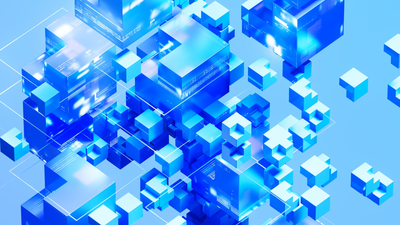 Abstract 3D illustration of interconnected blue and cyan cubes and rectangular blocks floating in a geometric grid, suggesting a digital data, cloud computing, or technology network.