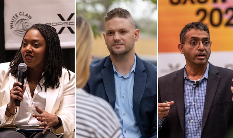 From left, Monne Williams, a McKinsey partner, spoke about reducing workplace burnout; Joshua Bregler, a McKinsey cyber security expert, moderated a panel on digitizing armed services; and Nick Santhanam, a McKinsey alum and CEO of Fernweh Group, profiled the industrial tech industry